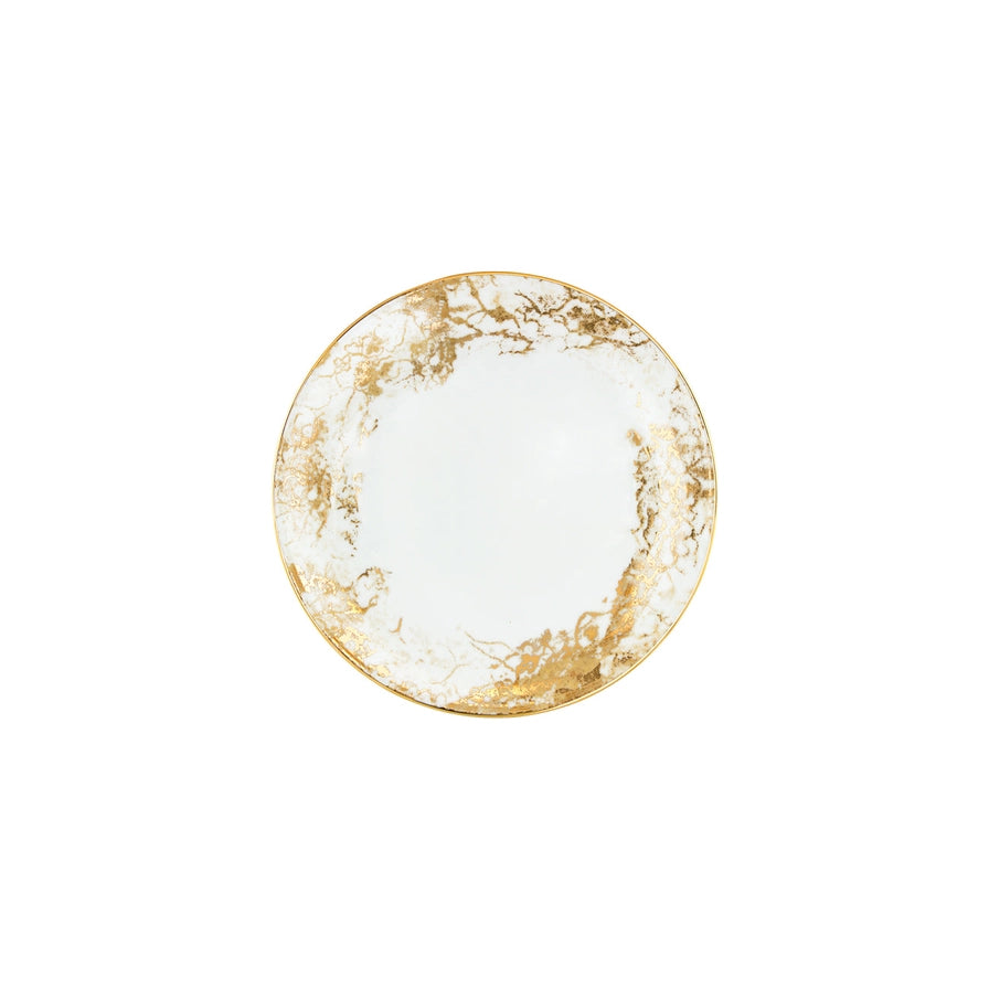 Round white ButterPlate plate with gold accents on a white background