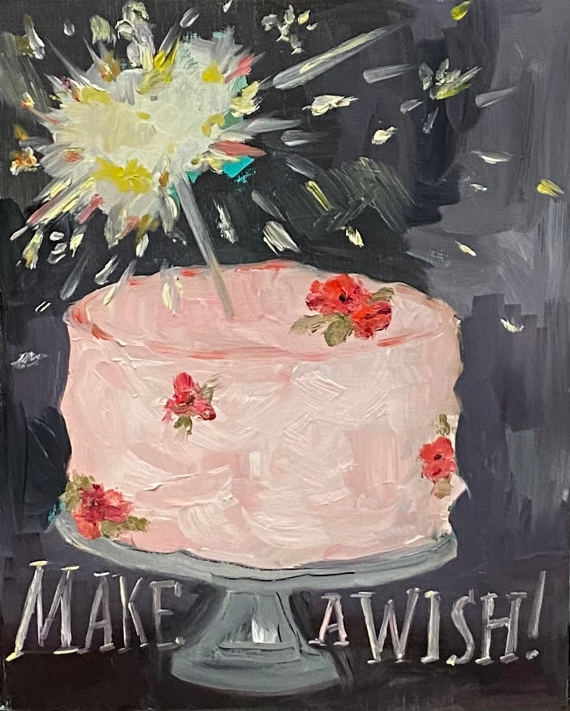 Painting of pink cake with flowers and a lit sparkler. "Make a wish!" written under cake.