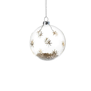 Clear Ball Ornament with Gold Stars and Gold Nuggets hanging by a silver thread 