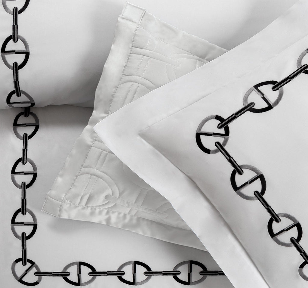 Close up detail of Chaine Embroidery on Sham with Black Embroidery