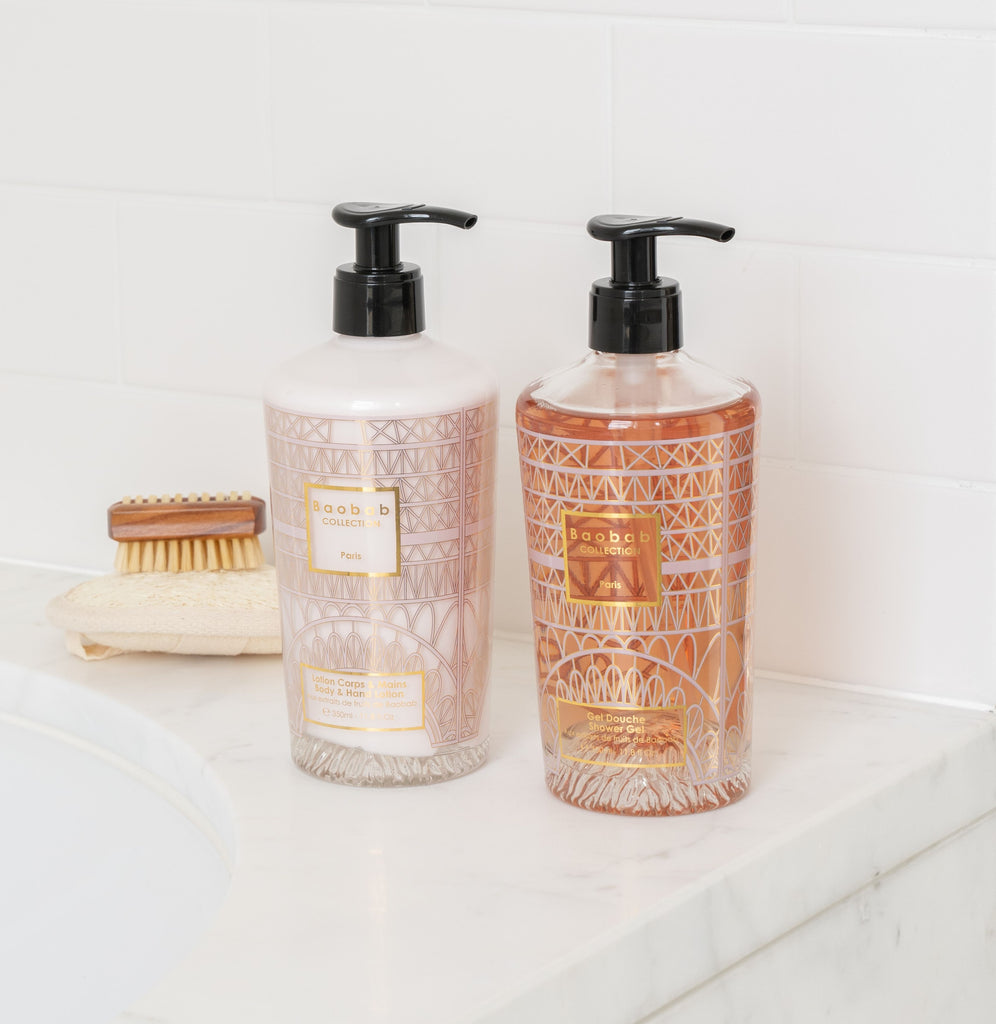 Paris Body & Hand Lotion and Hand Wash Gel set  placed on the bathtub 