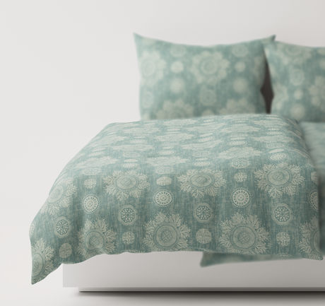 Teal textured bedding set on a bed
