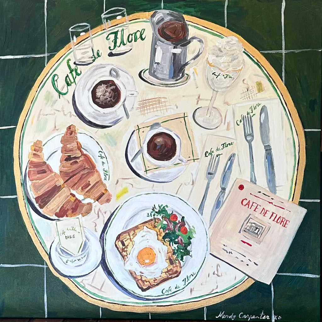 Painting of Cafe de Flore bistro table set with breakfast and menu.