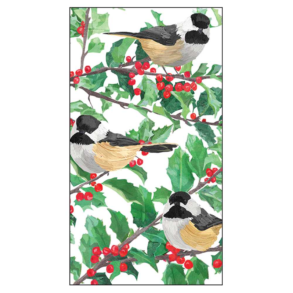 Decorative paper guest towel with black-capped chickadees on holly branches