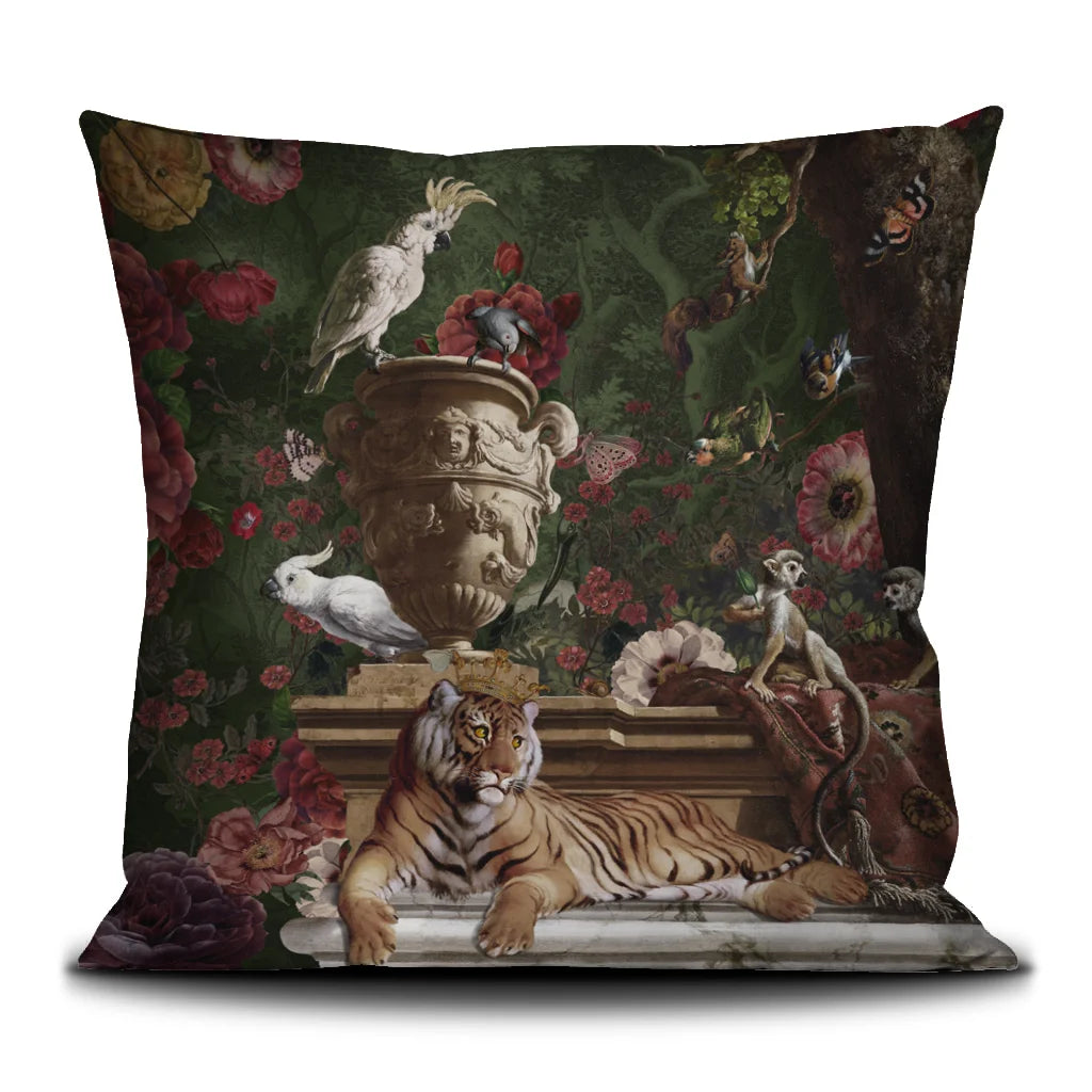 Classical painting of urn with birds, monkeys and a tiger against green background with flowers