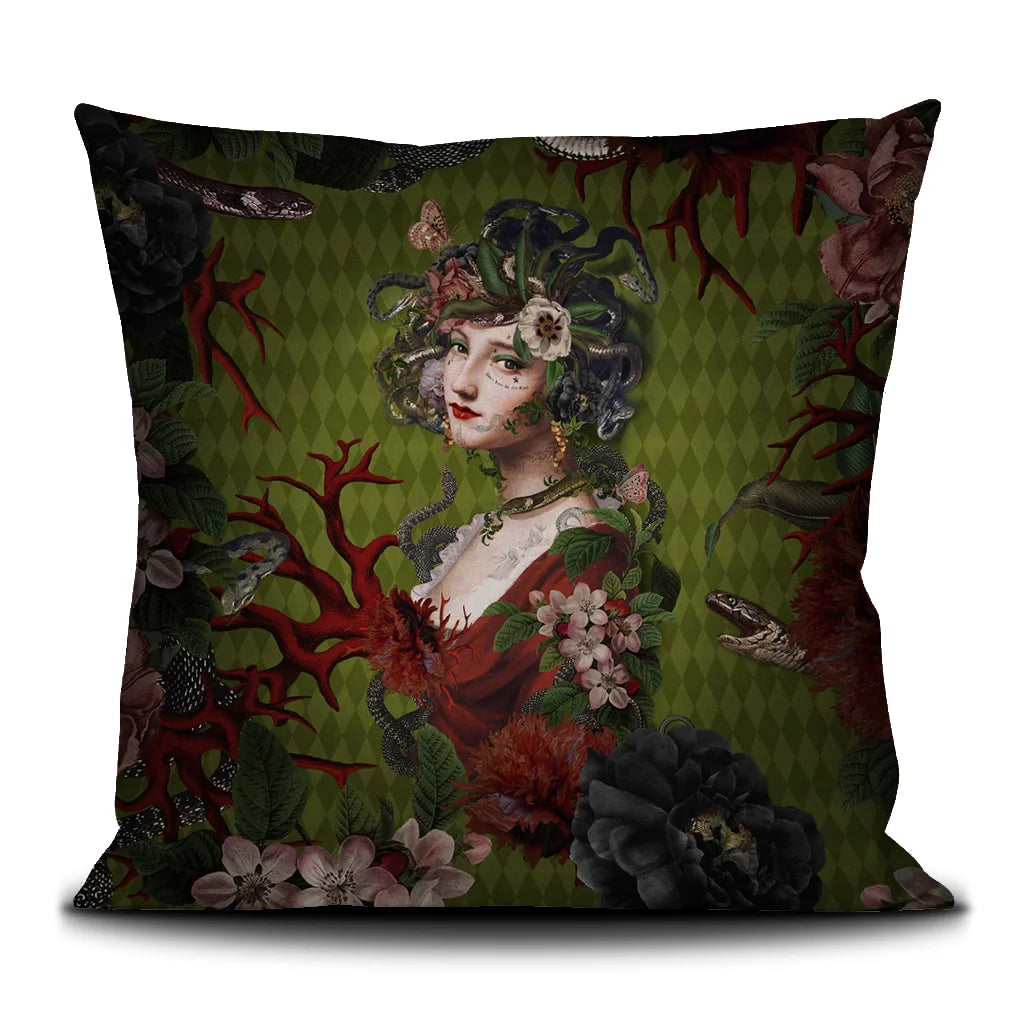 Medusa painting in classical style with contemporary details against green background with flowers, branches and snakes along borders