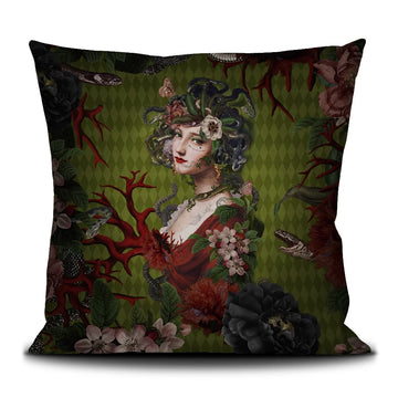 Medusa painting in classical style with contemporary details against green background with flowers, branches and snakes along borders