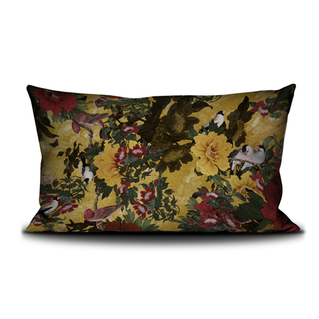 Decorative pillow cover with a floral and bird pattern on a white background