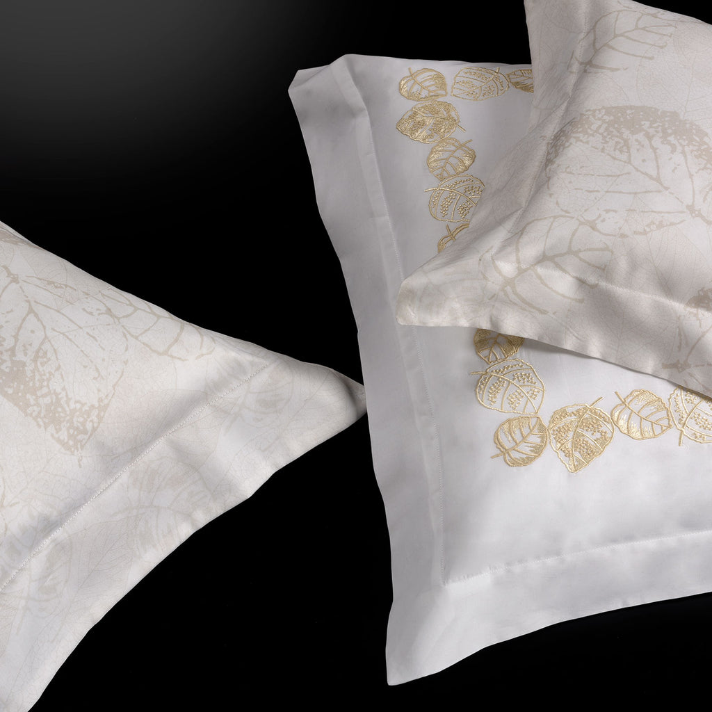 Close up of Feuillage Embroidery in White/Ivory on Sham 