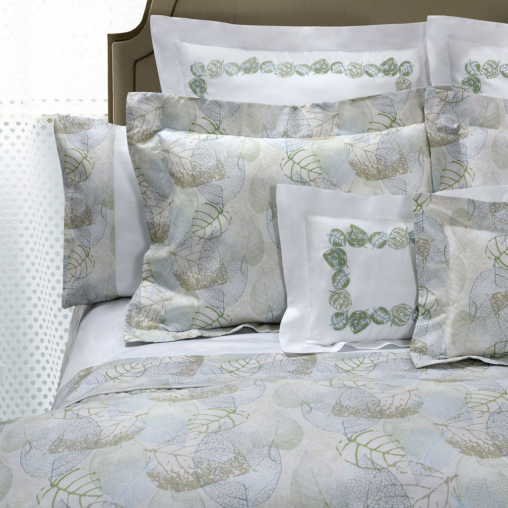 Feuillage Print Duvet Cover and Shams Close up in Sage Green