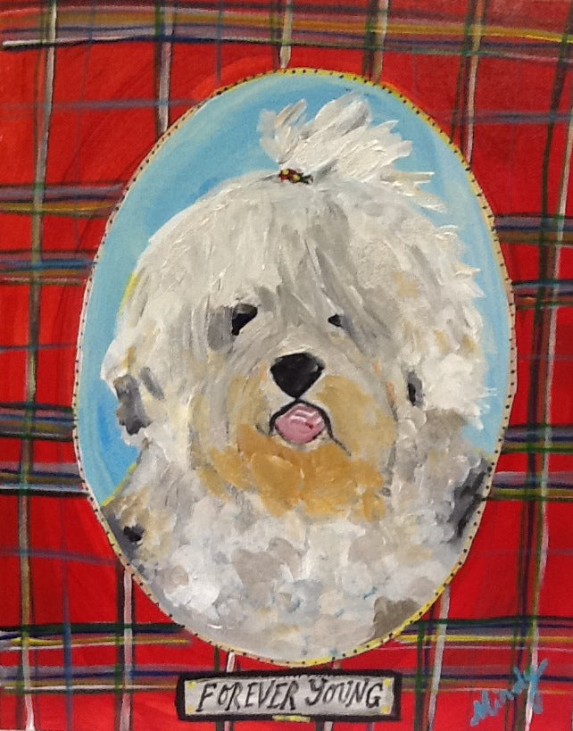 Painting of white-haired dog with hair in a ponytail in cameo frame against tartan background, with "Forever Young" written underneath.