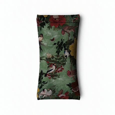 Floral and bird-patterned glasses case on a white background