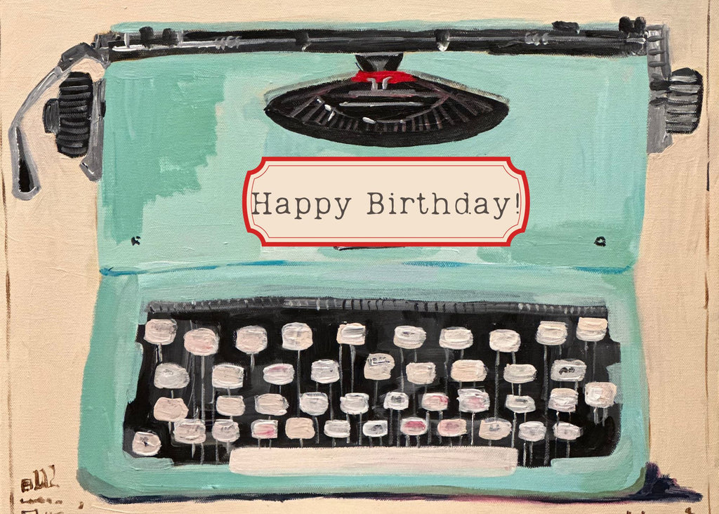 Painting of retro aqua typewriter labelled with "Happy Birthday!"