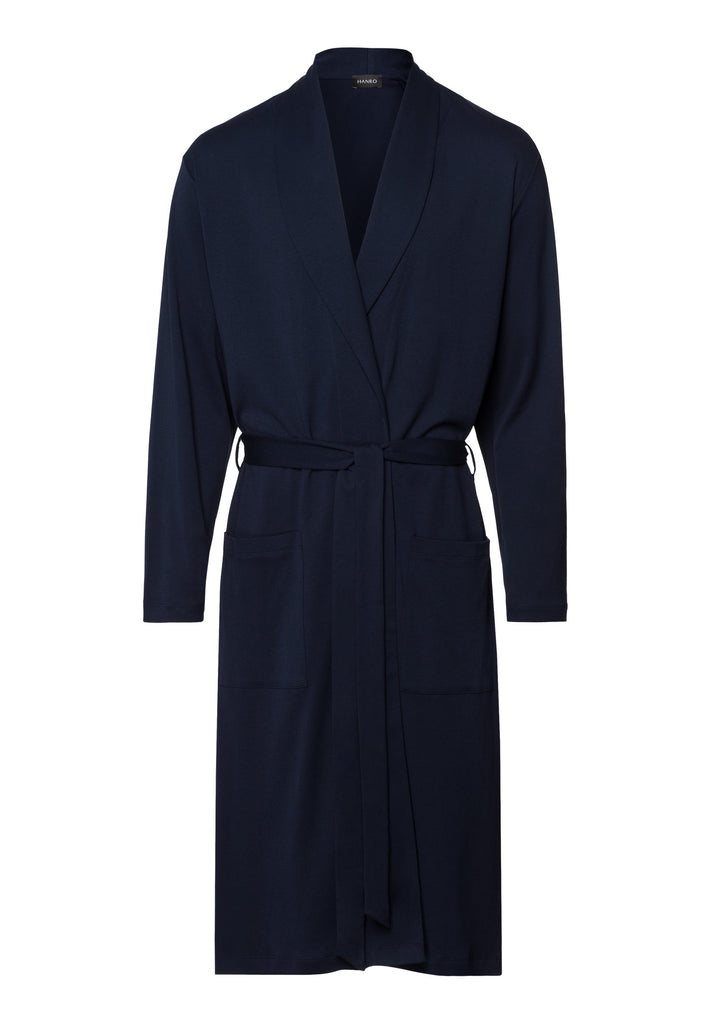 Night Robe in Deep Navy colour, long sleeves with two front pockets and tie belt