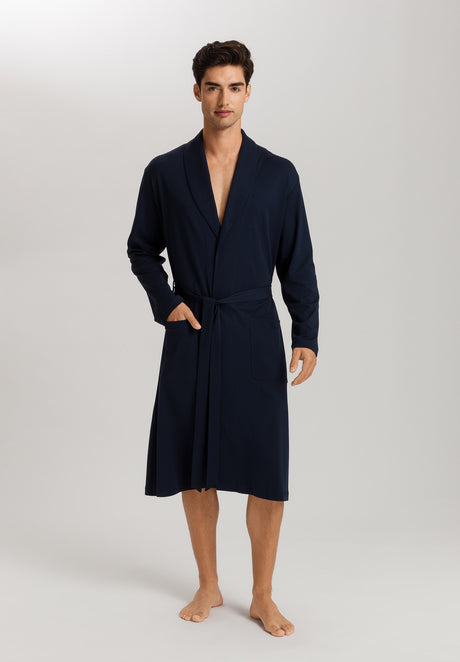 Night Robe in Deep Navy colour, long sleeves with two front pockets and tie belt