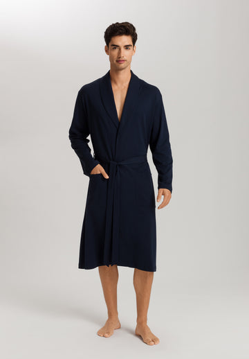 Night Robe in Deep Navy colour, long sleeves with two front pockets and tie belt