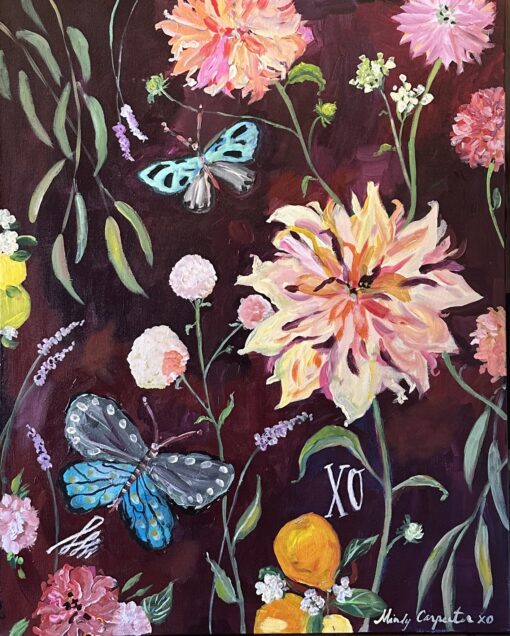Painting of dahlias and butterflies against rich brown background