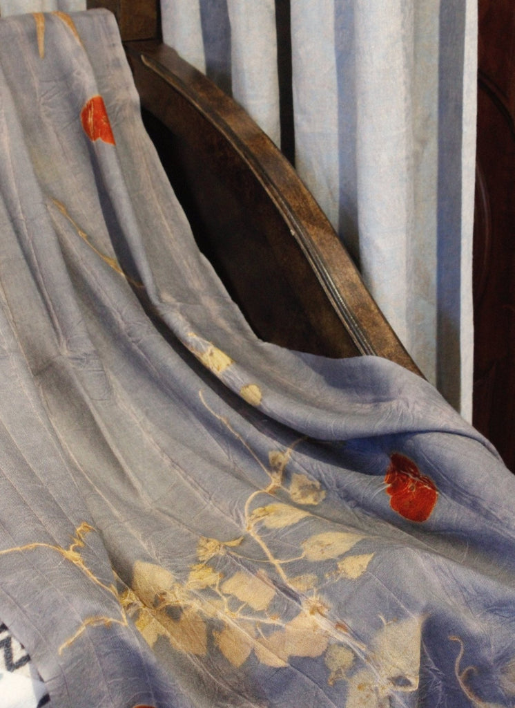 Tati Eco Print scarf: Navy Base Colour scarf with autumn leaves and branches.