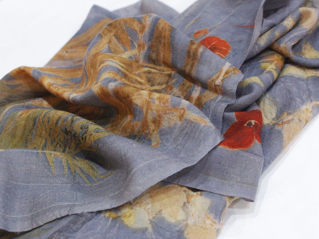 Tati Eco Print scarf: Navy Base Colour scarf with autumn leaves and branches.