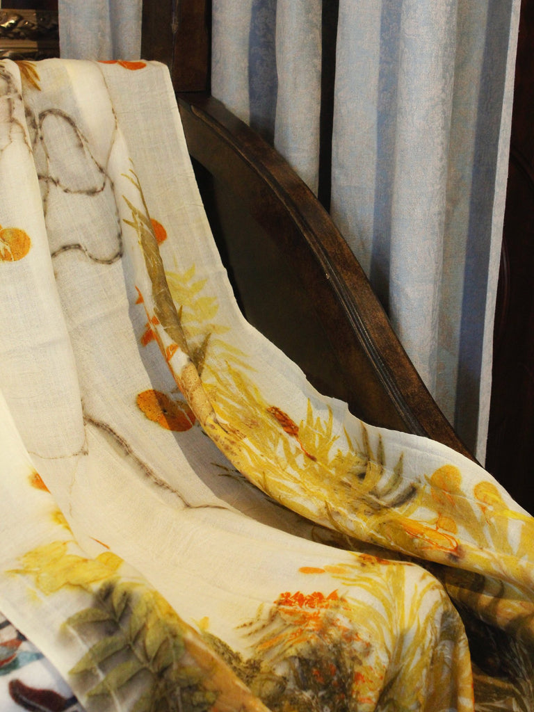 Tati Eco Print Fall Collage Scarf: Ivory wool base with lively leave prints