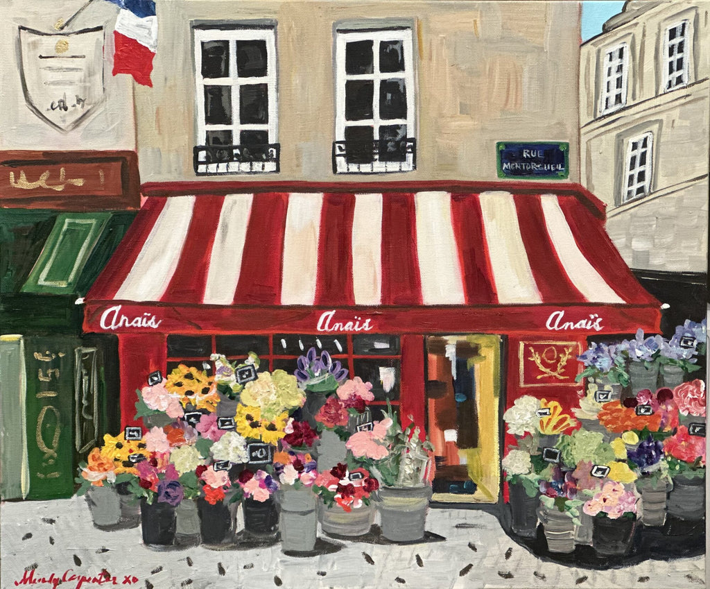 Painting of "Anais" flower shop in Paris with red and white striped awning and a profusion of flowers in buckets outside