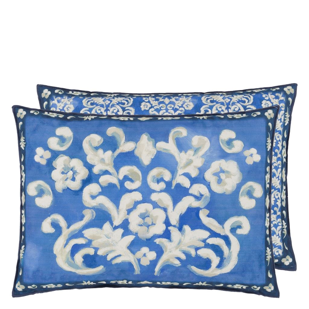 Designers Guild Isolotto Cobalt Pillow with different design on the reverse
