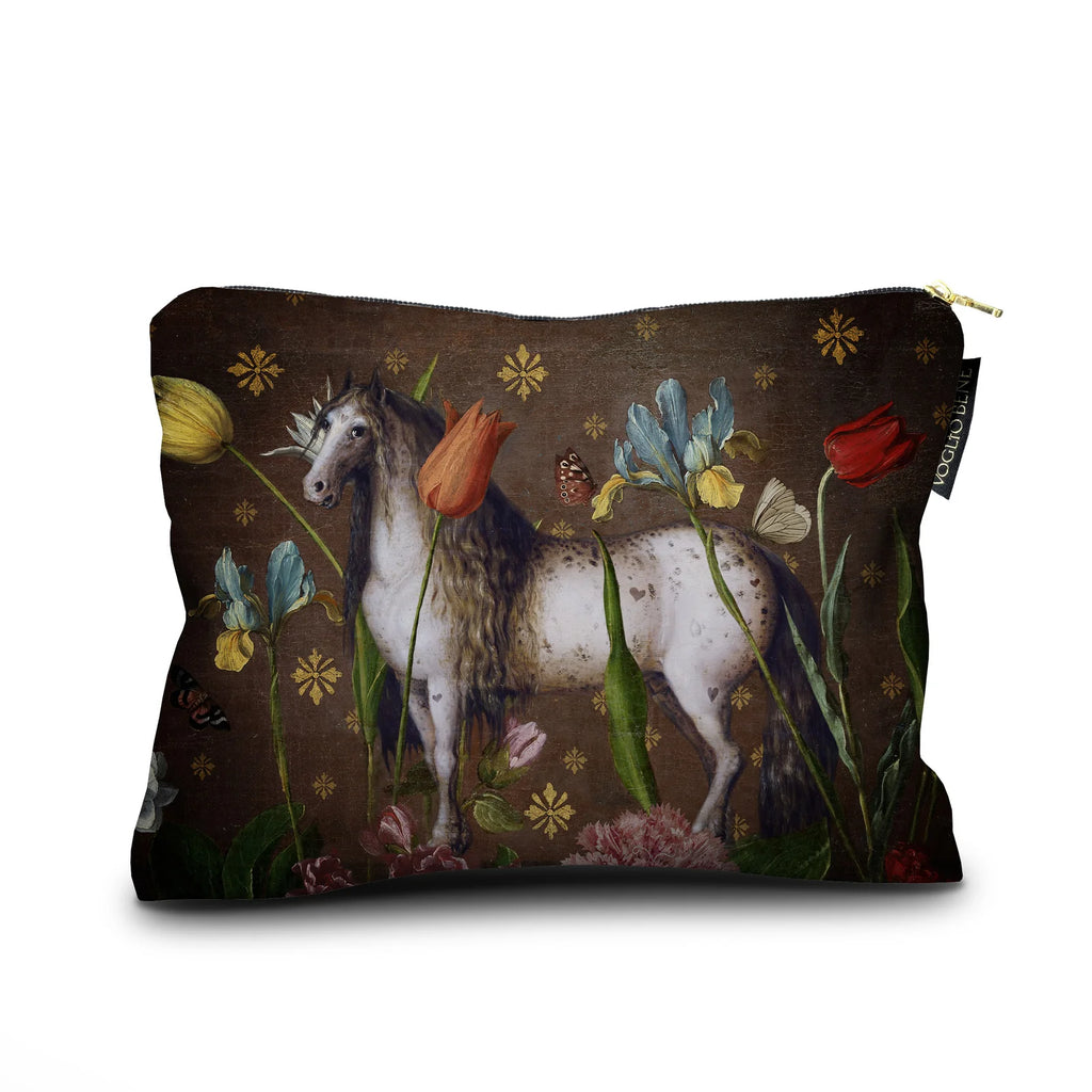 Velvet accessory case with horse with long mane amid giant tulips.