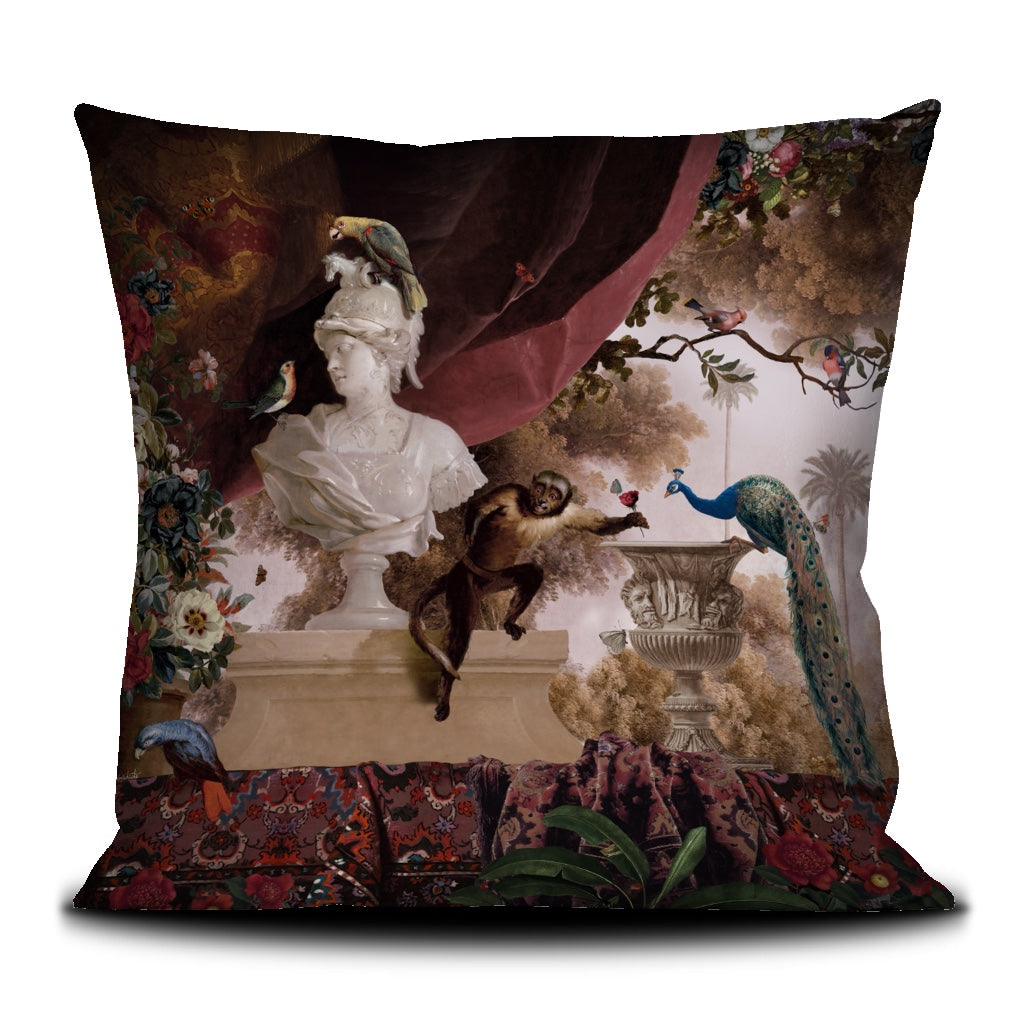 Oriental Garden cushion cover printed on velvet with black piping finish.