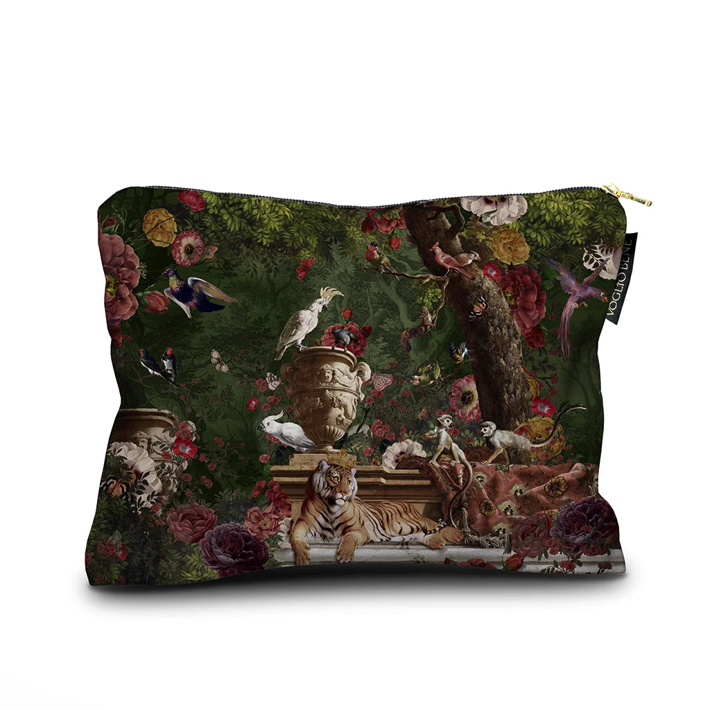Accessory case with image of classical urn, tiger, birds and monkeys against green background