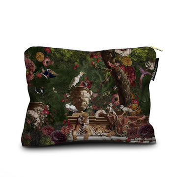 Accessory case with image of classical urn, tiger, birds and monkeys against green background