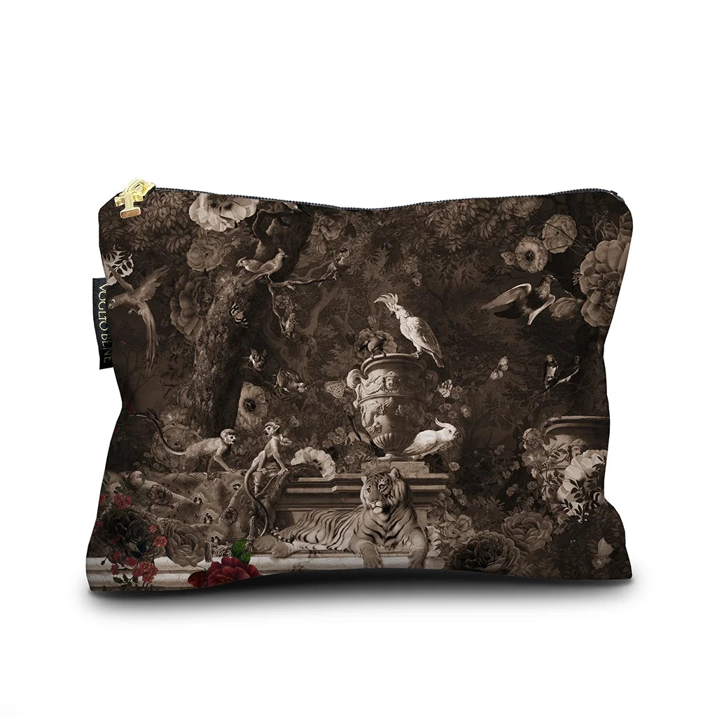 Accessory case reverse with sepia tinted image of classical urn, tiger, birds and monkeys.