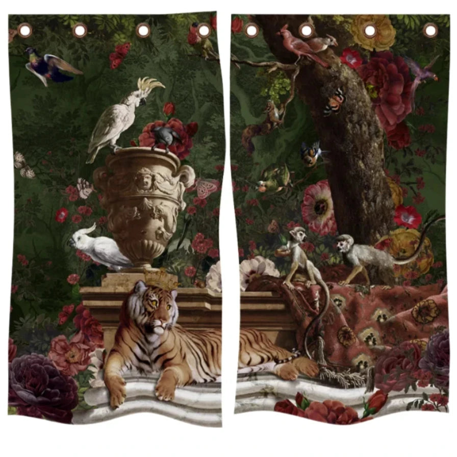 Curtain panel pair with design split across both panels. Design shows classical urn with birds, monkeys and a tiger against a green background with flowers