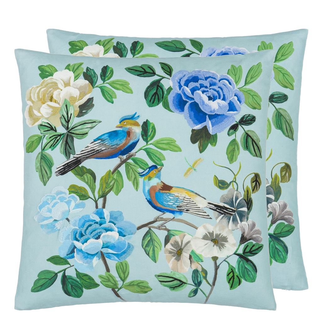 Designers Guild: The front side of the Miraflores Decorative Pillow in the cobalt colour, featuring embroidered birds