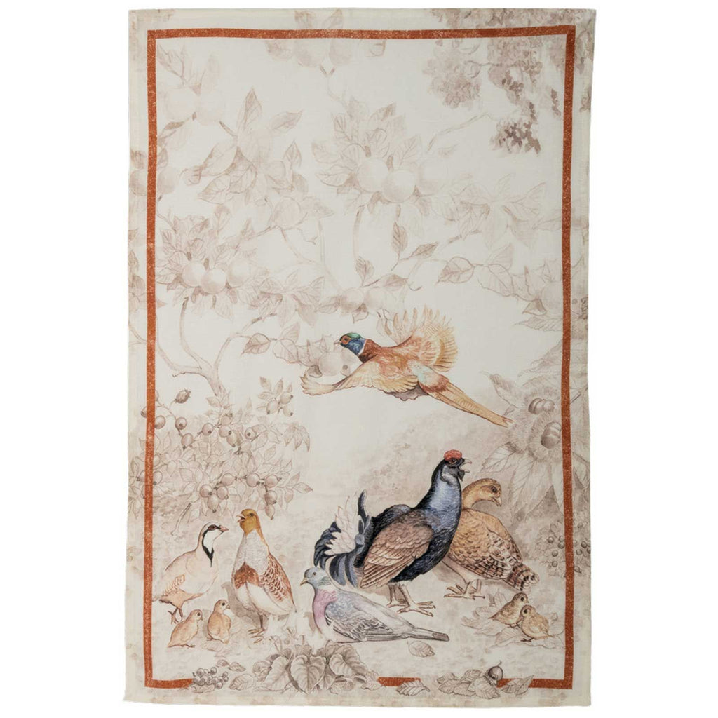 Tea Towel with bird illustrations on a floral patterned background