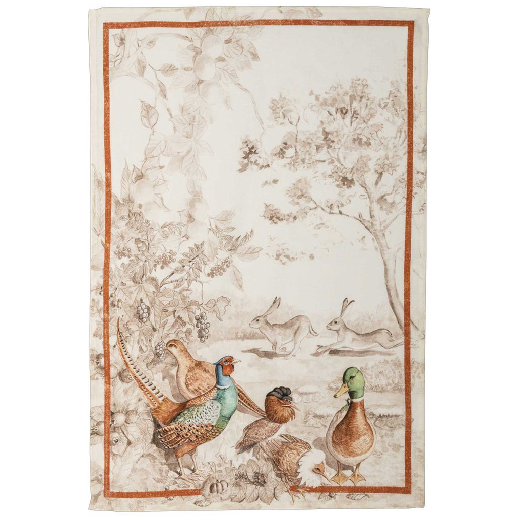 Tea Towel design featuring birds and rabbits on a beige background.