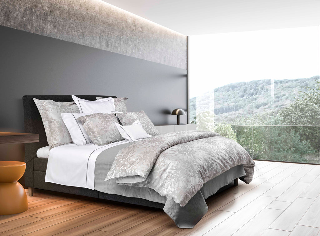 Noto Grey bedding in modern bedroom with large picture window