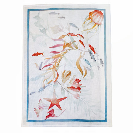 Decorative tea towel with underwater scene featuring fish, flowers and jellyfish on a white background