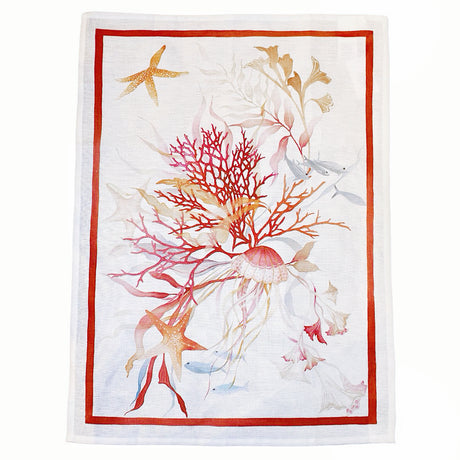 Decorative tea towel with coral and fish design on a white background