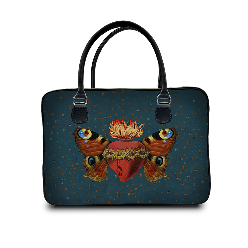 Sacred Butterfly bowling bag , faux leather and polyester velvet bowling bag, with printed velvet interior pockets and double-sided printing.