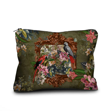 Accessory case with painting of parrots on a frame with flowers