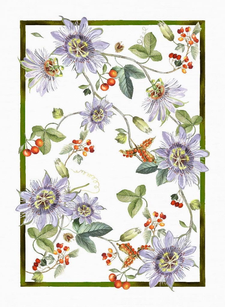 Tea Towel with purple flowers and green leaves
