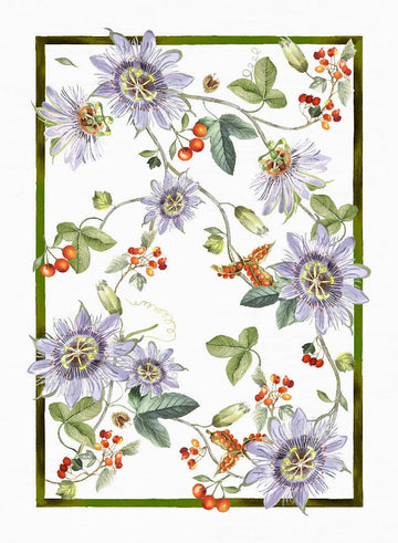 Tea Towel with purple flowers and green leaves