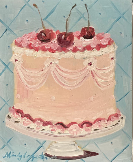 Painting of iced pink cake with 3 cherries on top on stand against blue tile background 