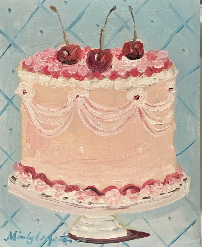 Painting of iced pink cake with 3 cherries on top on stand against blue tile background 