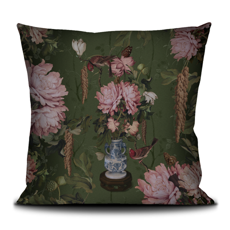 Floral and nature-themed decorative pillow with pink flowers and a vase 