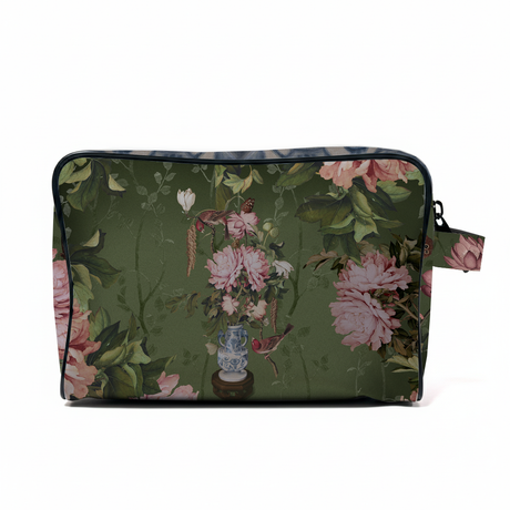 Floral-patterned pouch with pink flowers and green leaves 