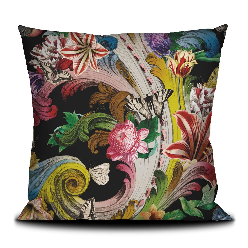 Rocky Flowers cushion cover printed on velvet with black piping finish.