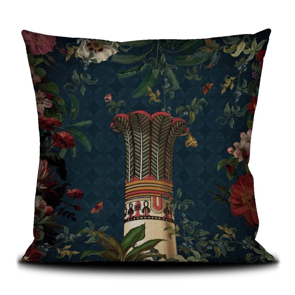 Cushion cover reverse with decorative post against blue background and with floral border