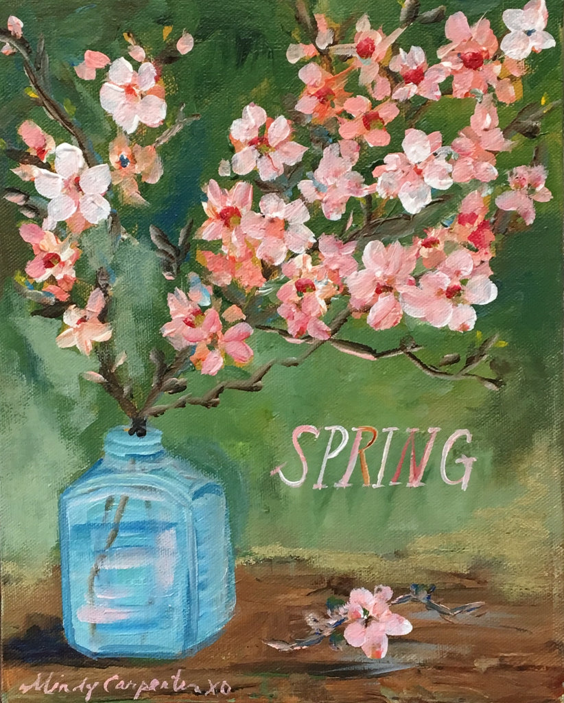 Painting of cherry blossoms in blue vase with Spring written under blossoms