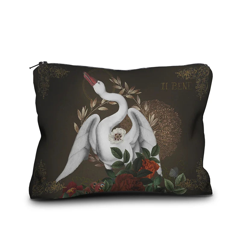 Accessory case with painting of white swan and flowers